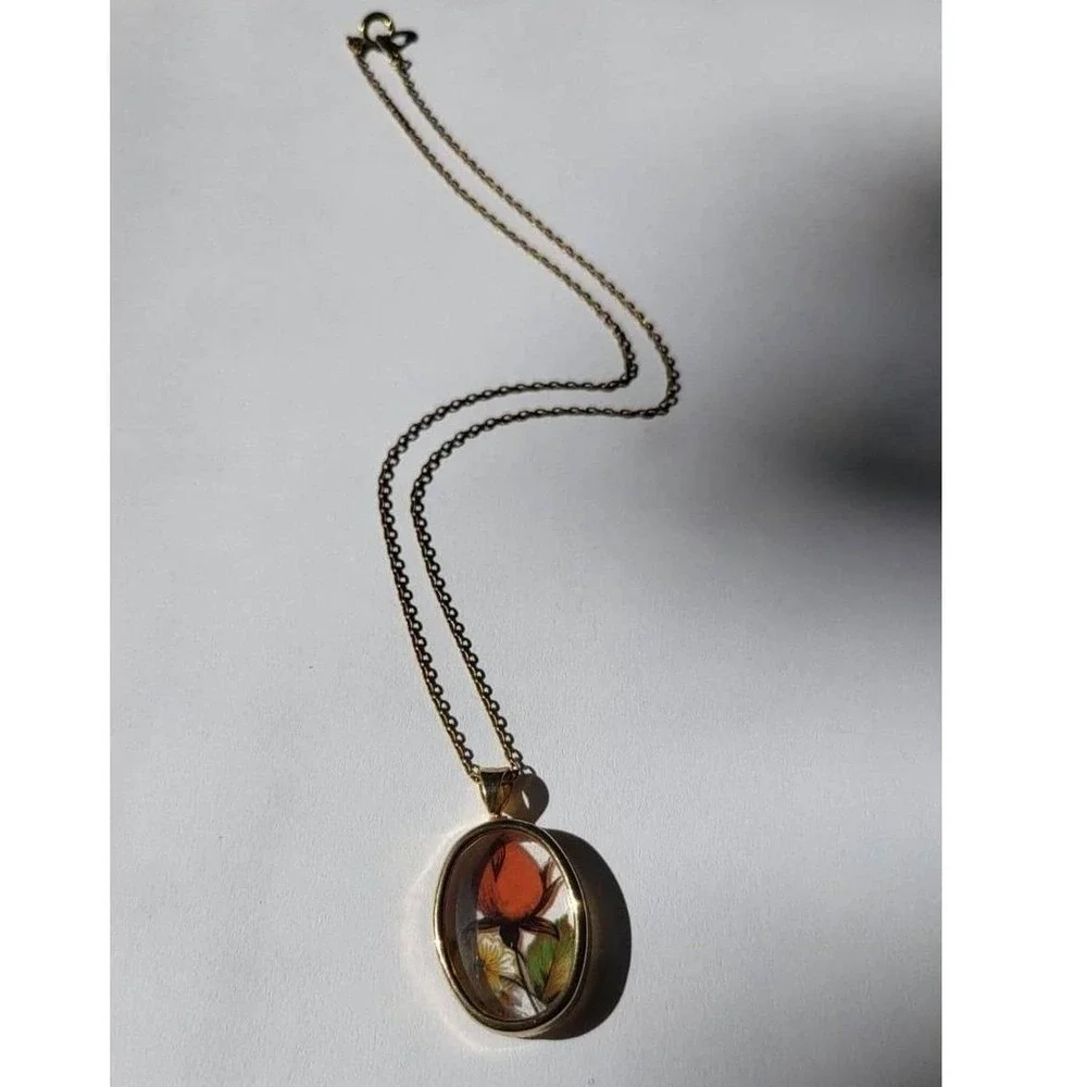 Oval Pendant Necklace with Orange Rose and Butterflies Vintage Brass Chain
